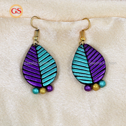 Purple Green Colour Leaf Design With Triple Beaded Handmade Terracotta Earrings