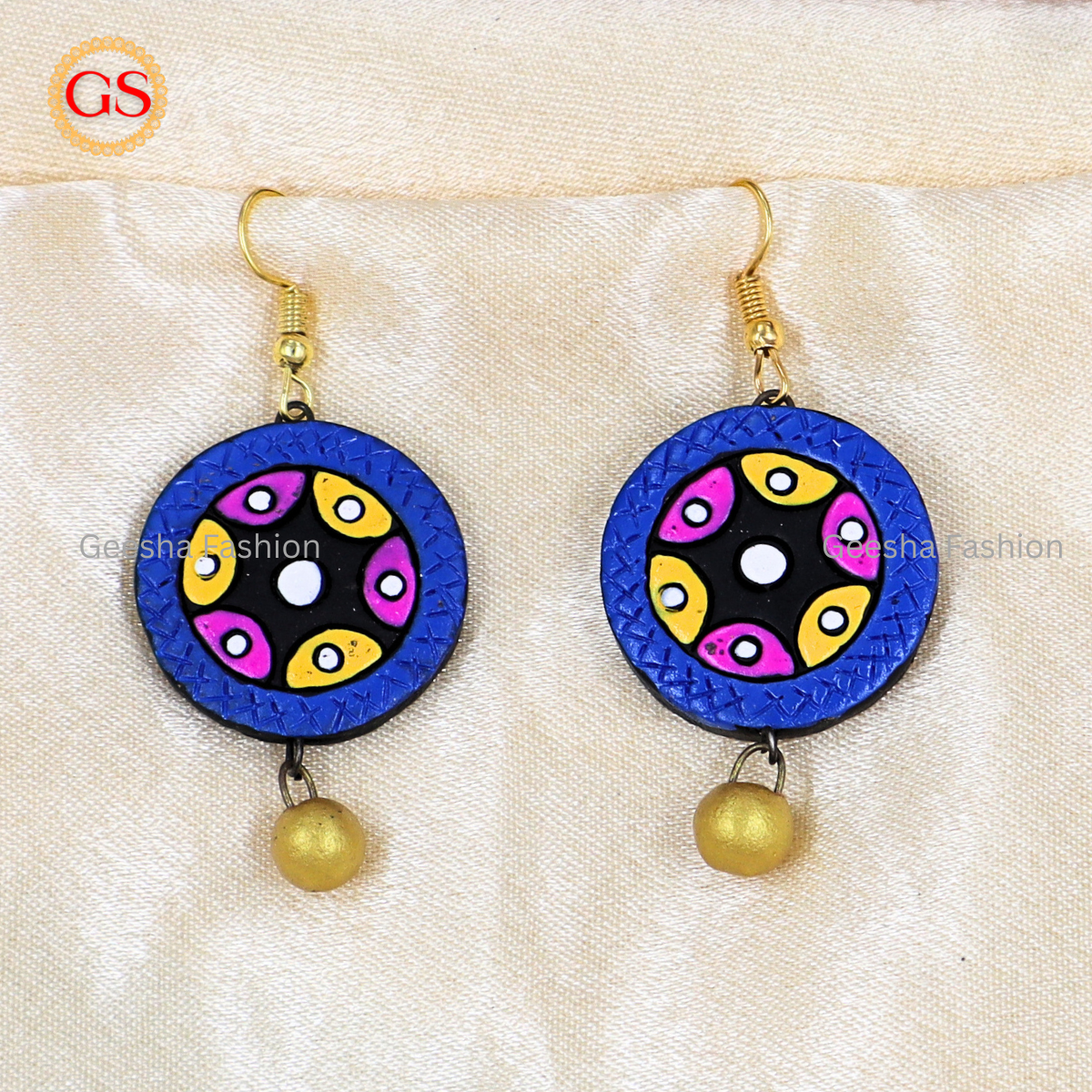 Blue Colour Full Moon Design Golden Beaded Handmade Terracotta Earrings