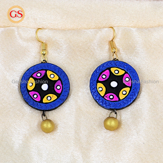 Blue Colour Full Moon Design Golden Beaded Handmade Terracotta Earrings
