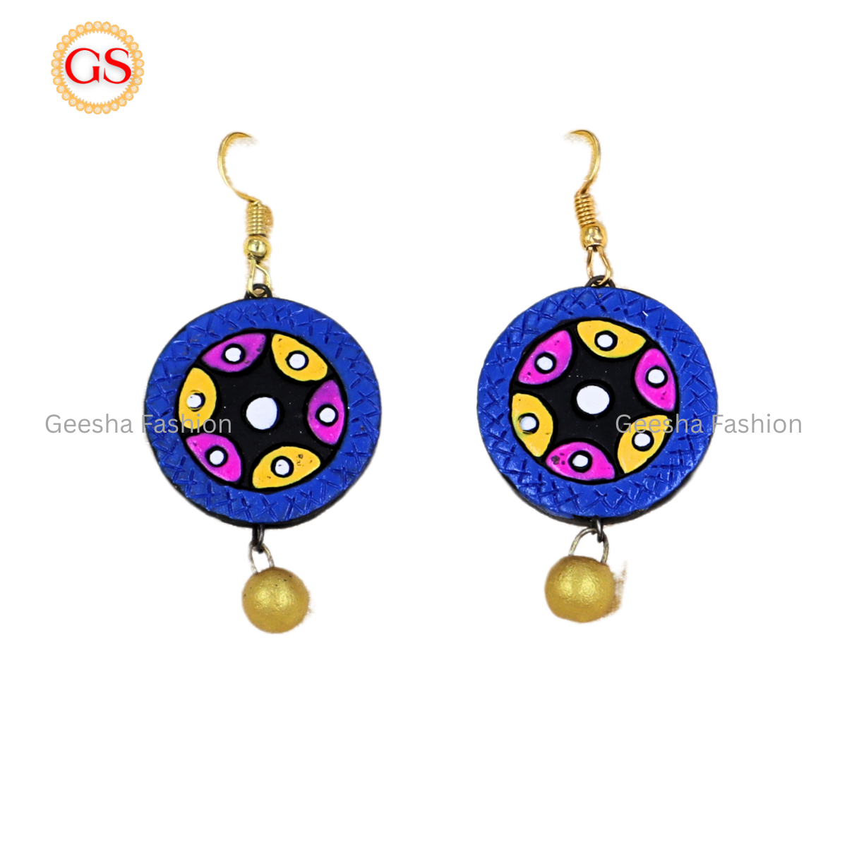 Blue Colour Full Moon Design Golden Beaded Handmade Terracotta Earrings