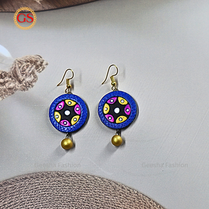 Blue Colour Full Moon Design Golden Beaded Handmade Terracotta Earrings