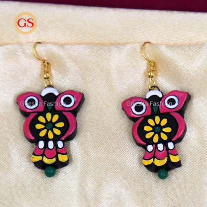 Red Yellow Owl Design with Single Bead Handmade Terracotta Earrings