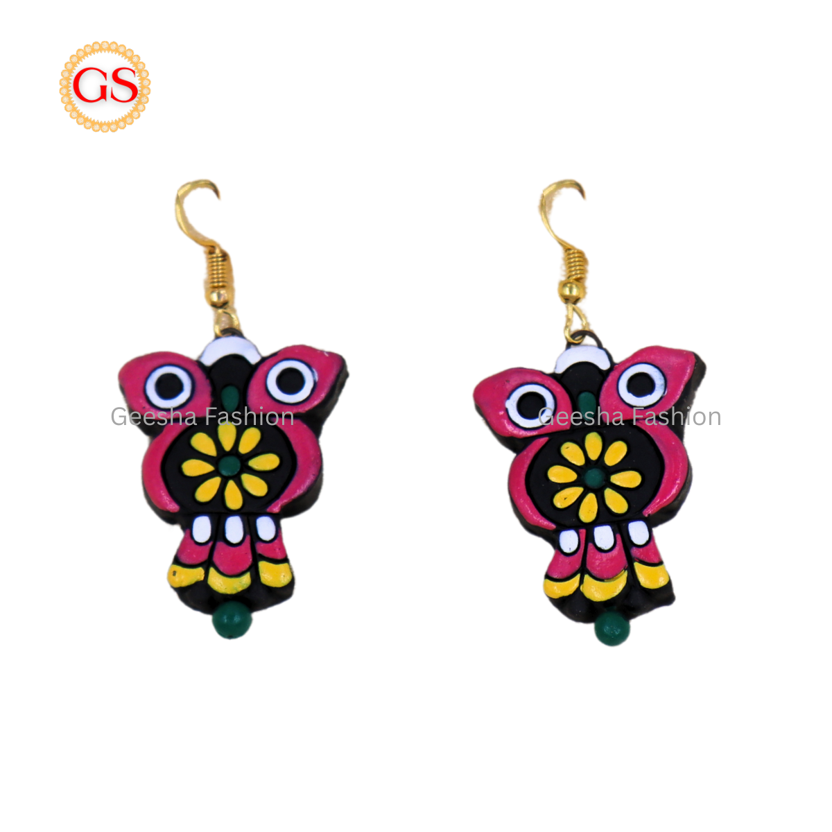 Red Yellow Owl Design with Single Bead Handmade Terracotta Earrings