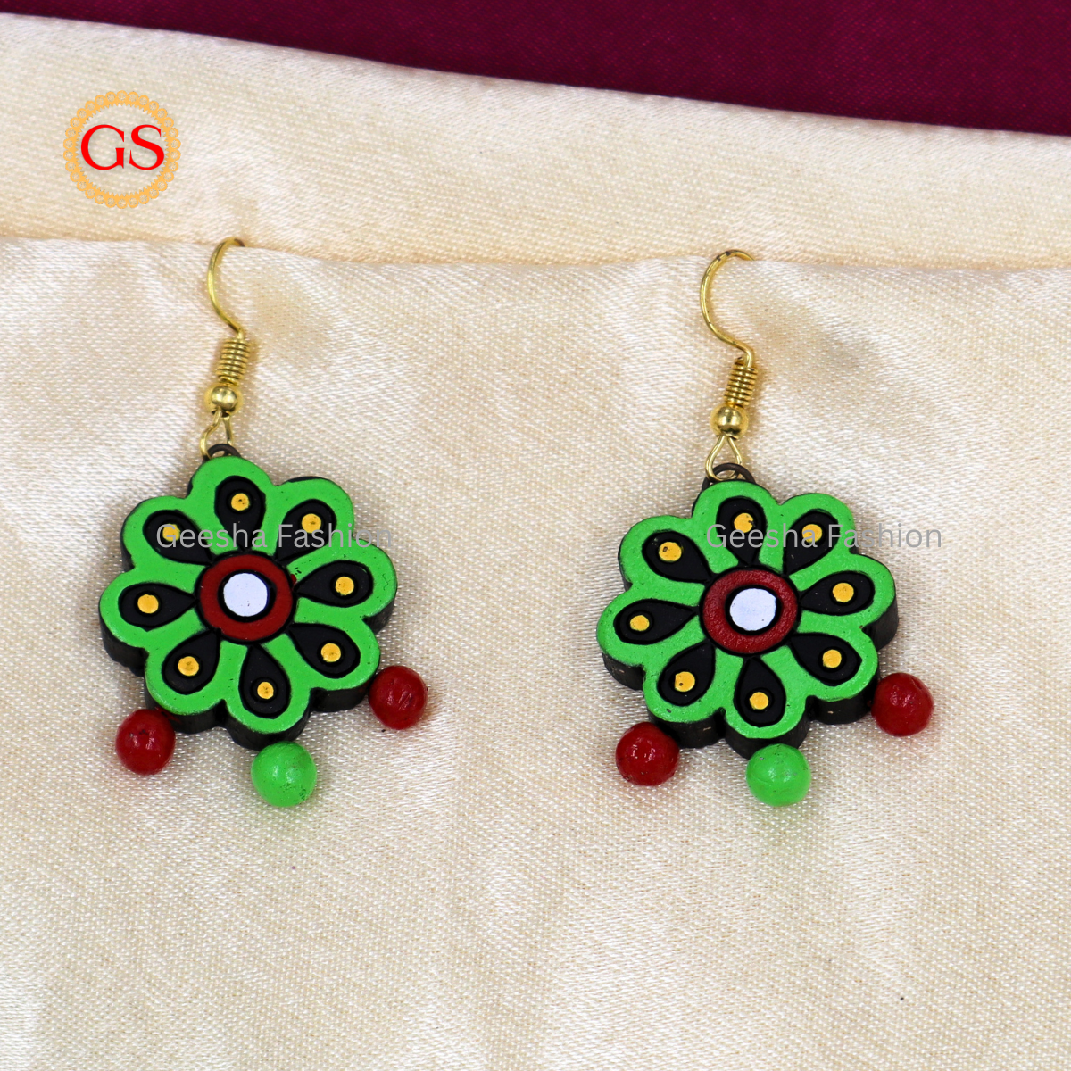 Green Red Colour Flower Design With Triple Beaded Handmade Terracotta Earrings