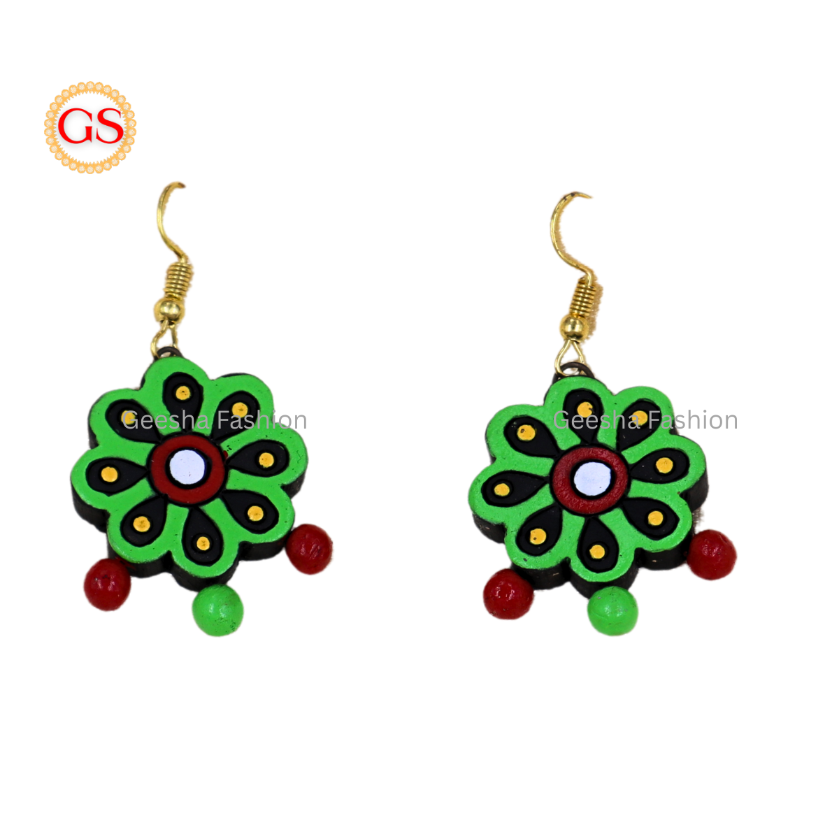 Green Red Colour Flower Design With Triple Beaded Handmade Terracotta Earrings
