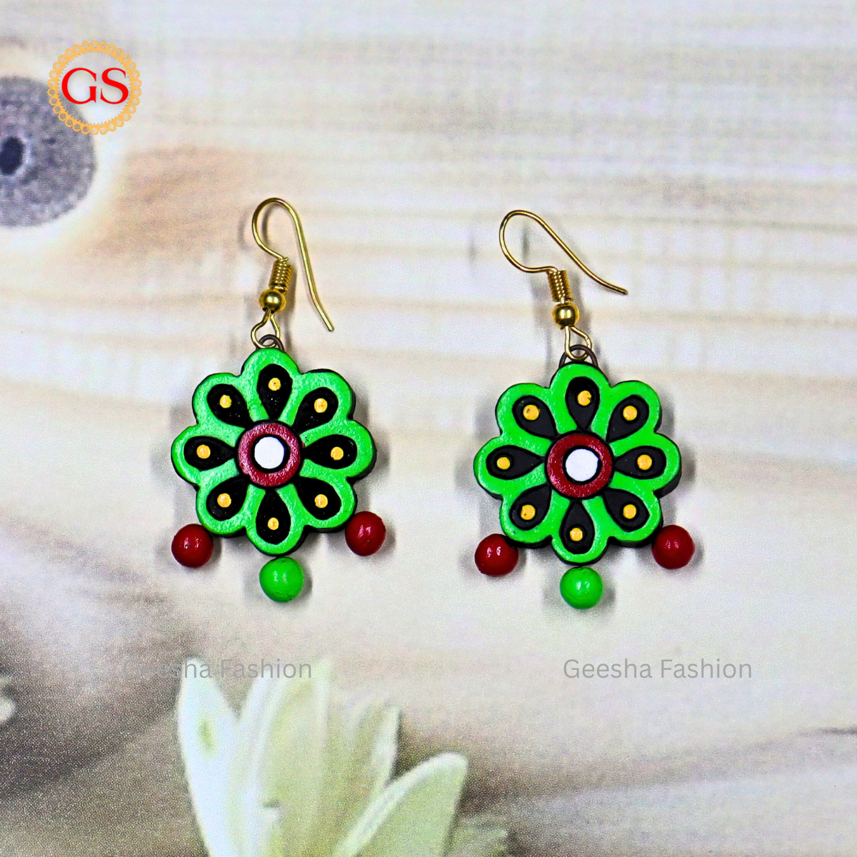 Green Red Colour Flower Design With Triple Beaded Handmade Terracotta Earrings
