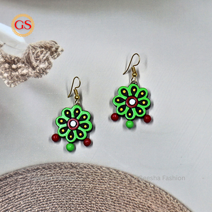 Green Red Colour Flower Design With Triple Beaded Handmade Terracotta Earrings