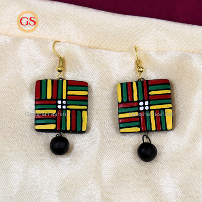 Red Green Yellow Square Design With Black Beaded Terracotta Earrings