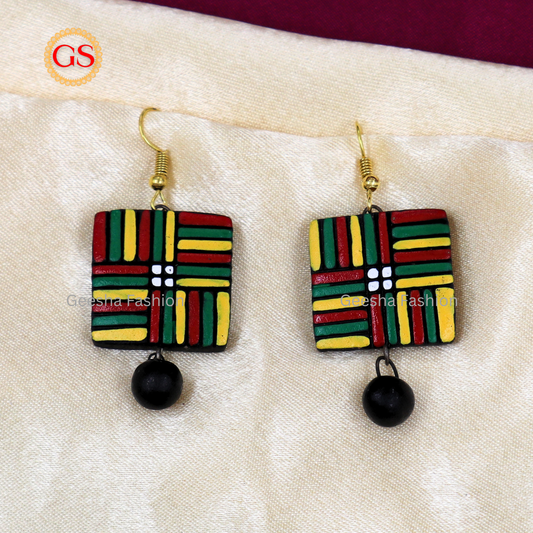 Red Green Yellow Square Design With Black Beaded Terracotta Earrings