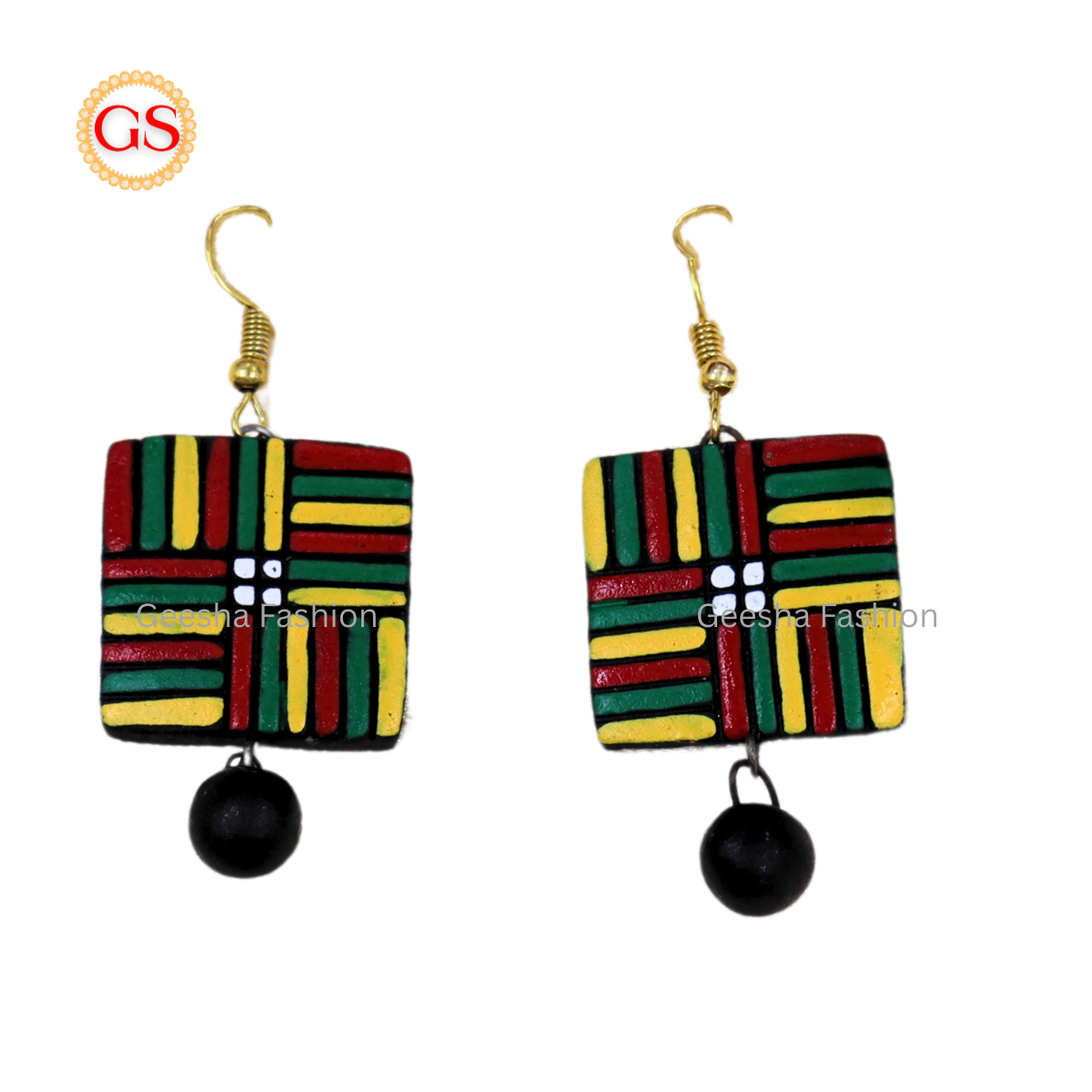 Red Green Yellow Square Design With Black Beaded Terracotta Earrings