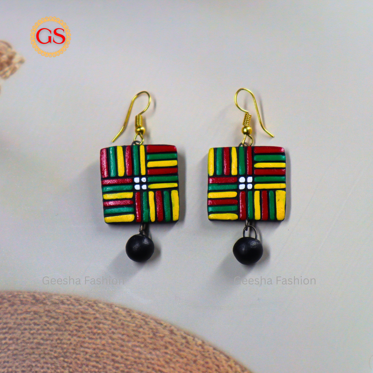 Red Green Yellow Square Design With Black Beaded Terracotta Earrings