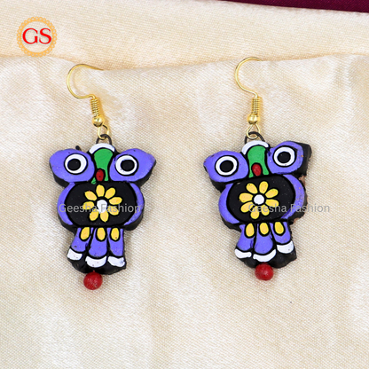 Purple Yellow Owl Design with Single Bead Handmade Terracotta Earrings