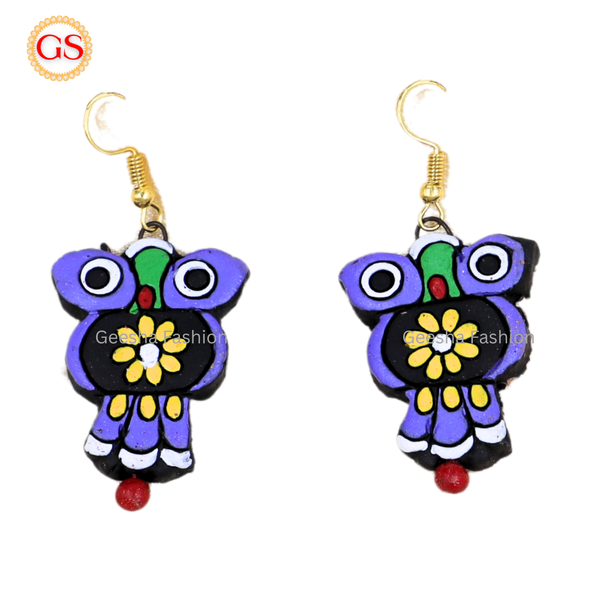 Purple Yellow Owl Design with Single Bead Handmade Terracotta Earrings
