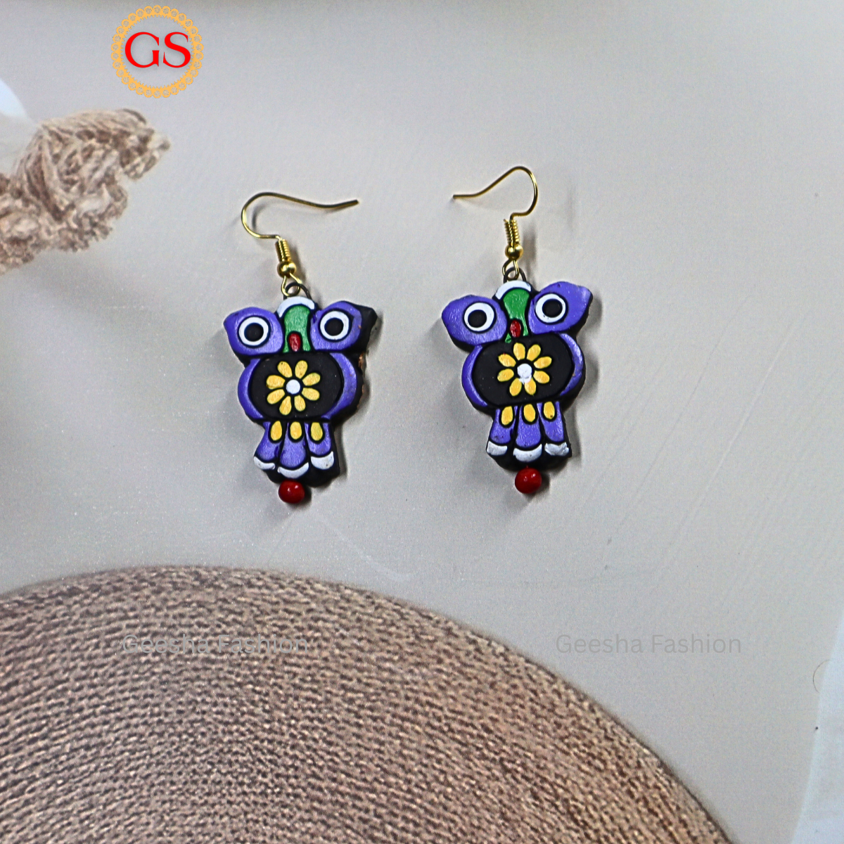 Purple Yellow Owl Design with Single Bead Handmade Terracotta Earrings