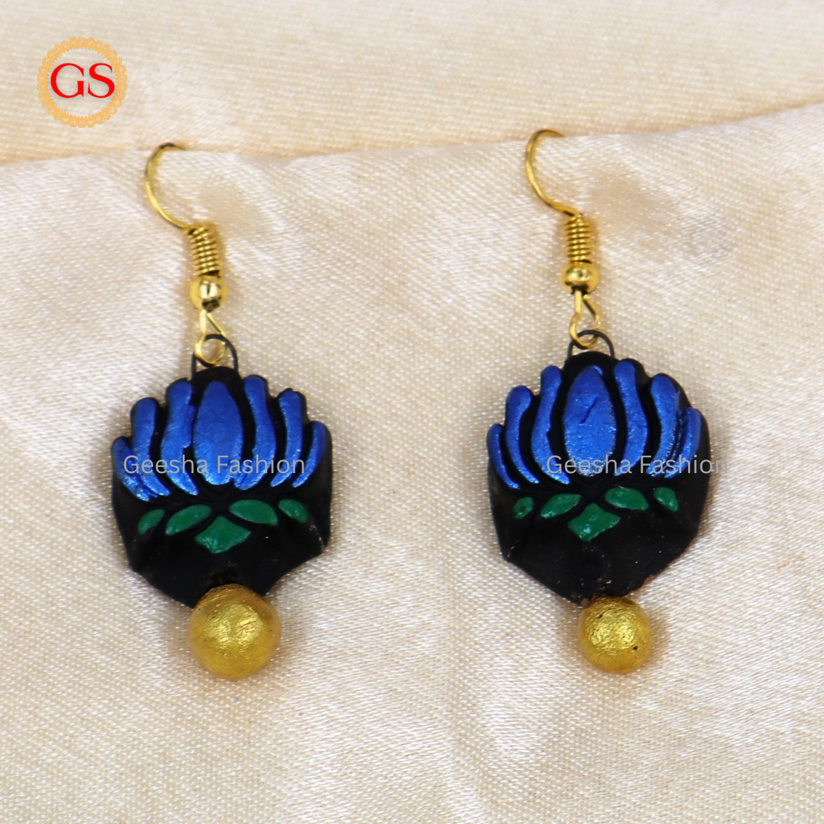 Blue Lotus With Golden Beaded Terracotta Earrings