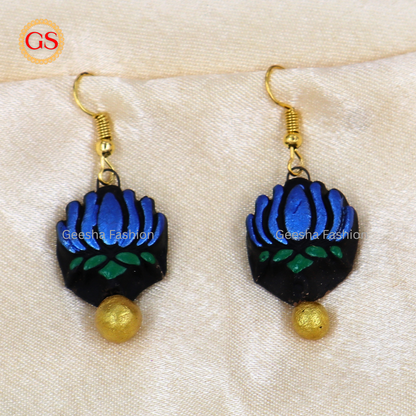 Blue Lotus With Golden Beaded Terracotta Earrings