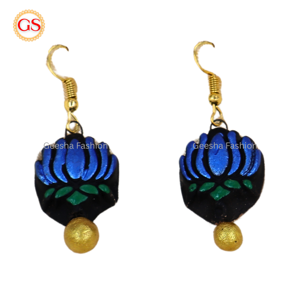 Blue Lotus With Golden Beaded Terracotta Earrings