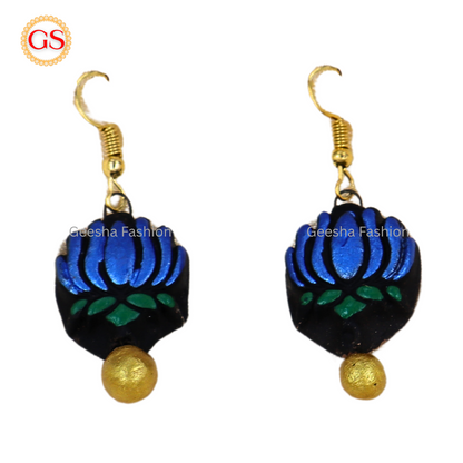 Blue Lotus With Golden Beaded Terracotta Earrings