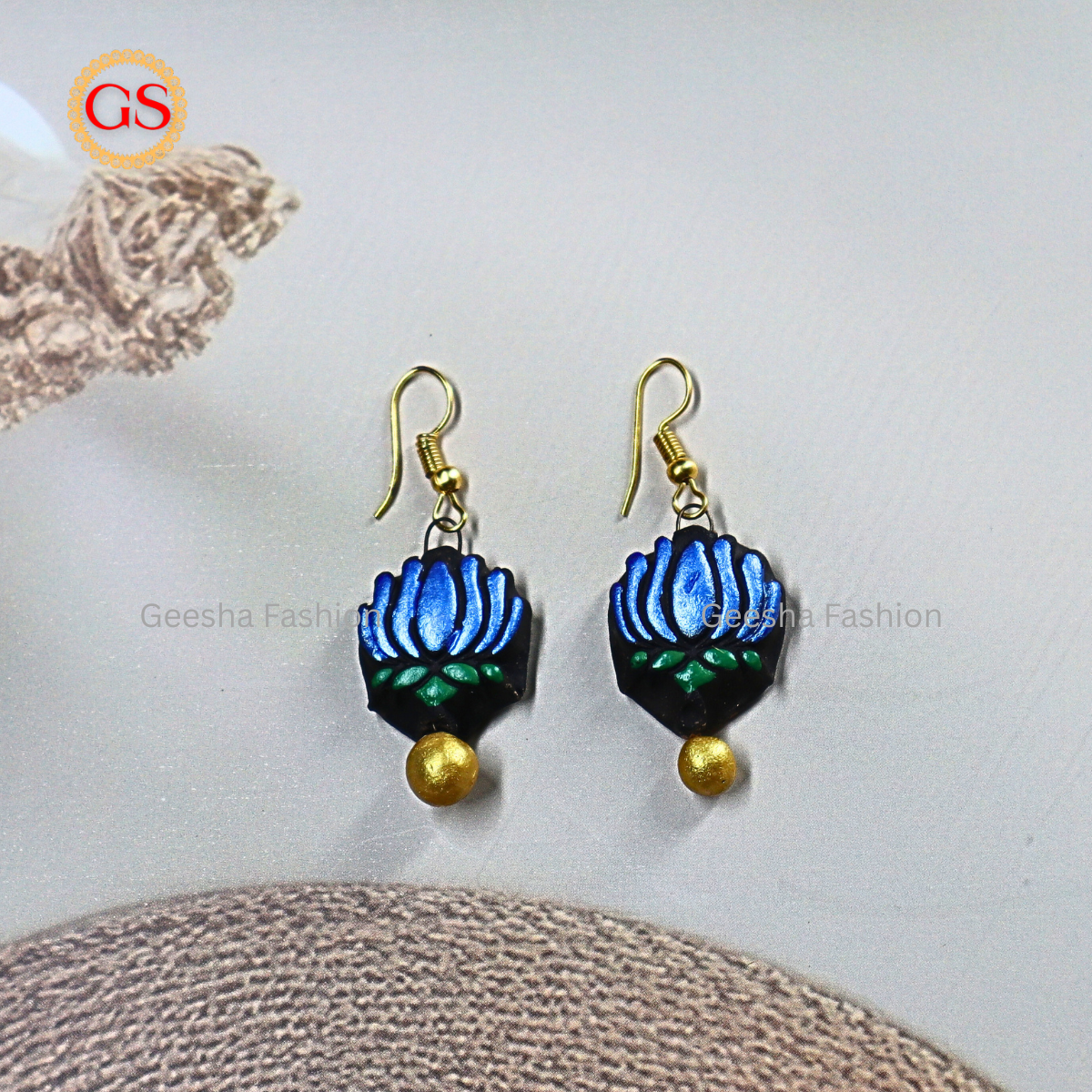 Blue Lotus With Golden Beaded Terracotta Earrings