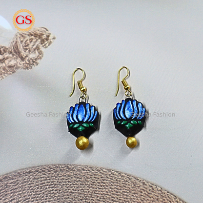Blue Lotus With Golden Beaded Terracotta Earrings