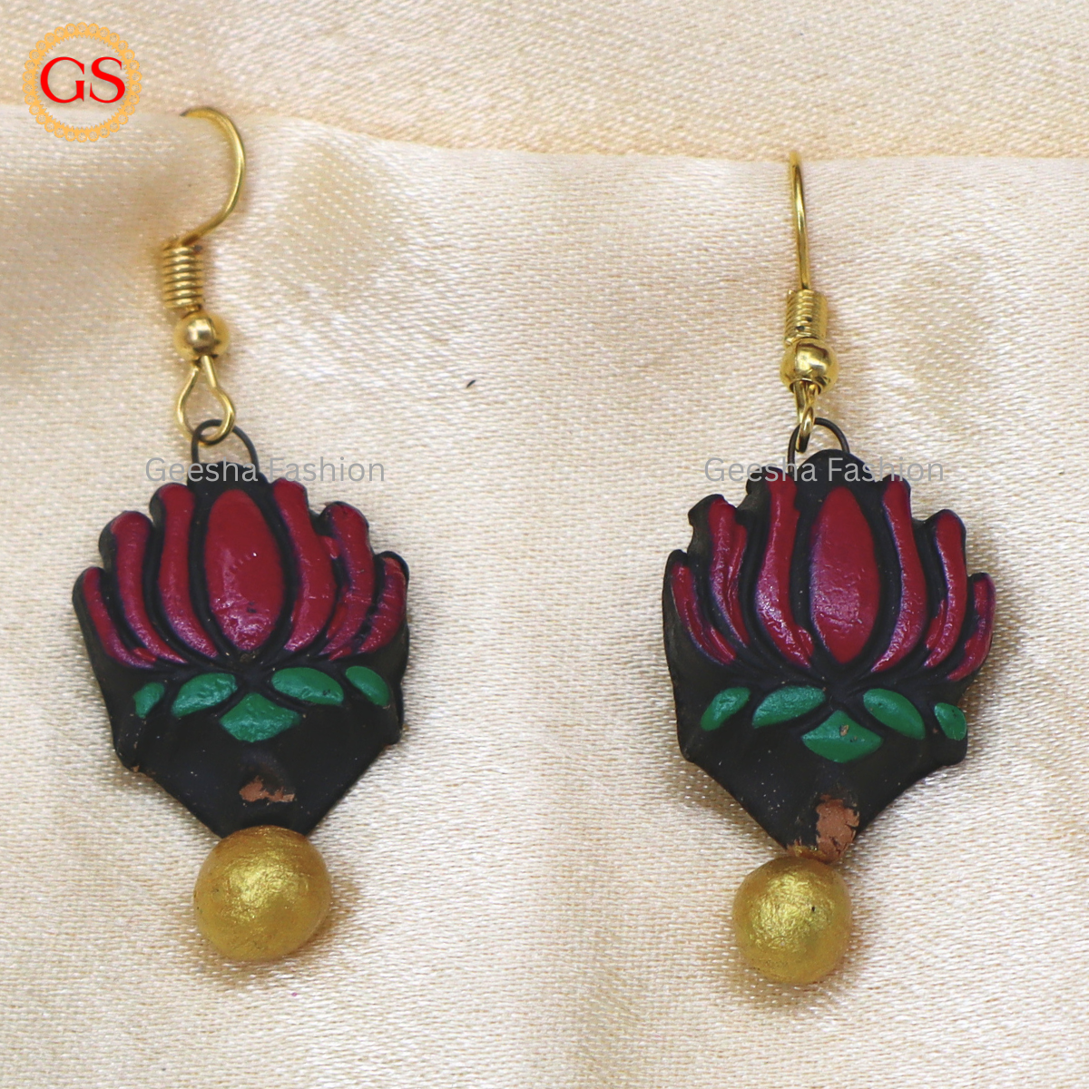 Red Lotus With Golden Beaded Terracotta Earrings