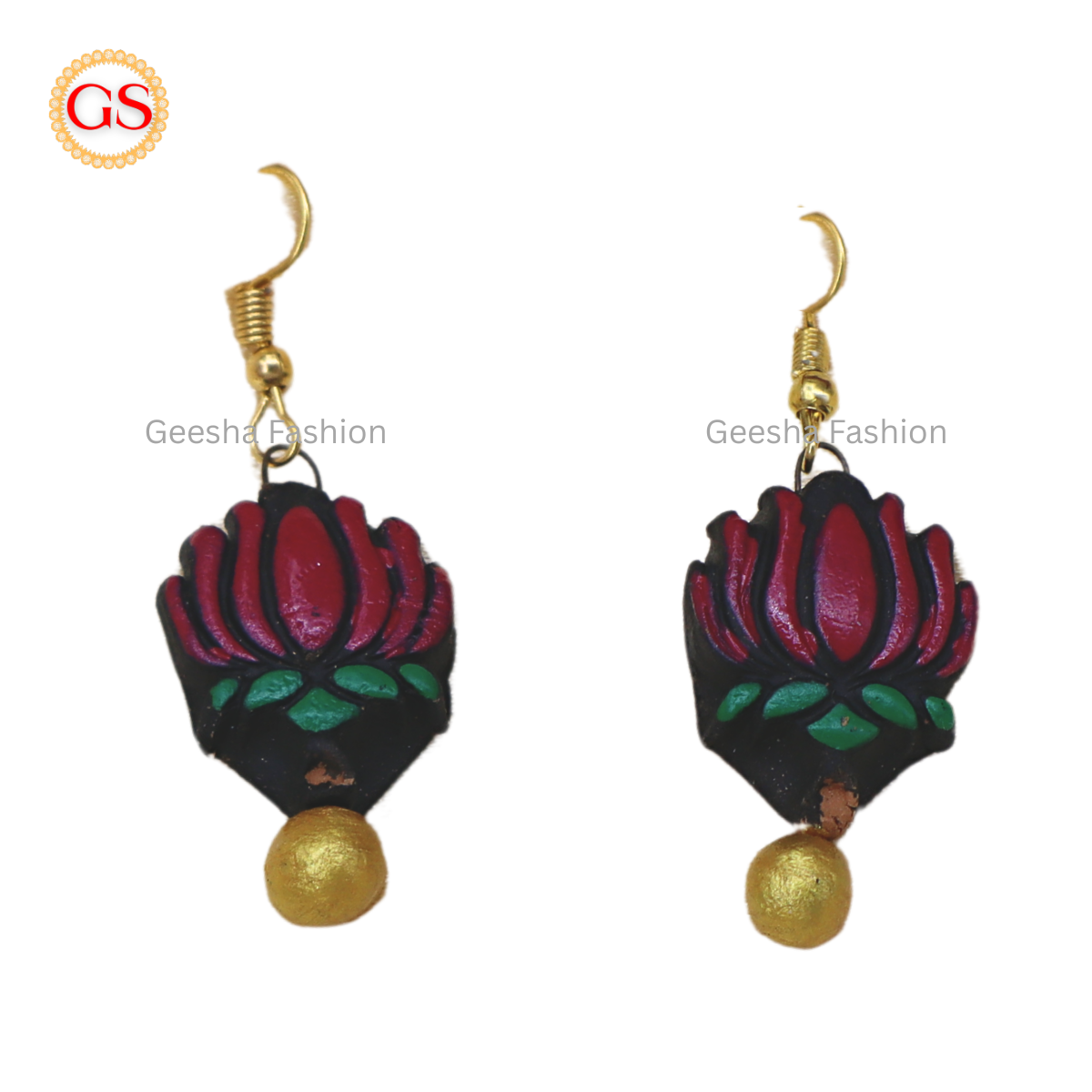 Red Lotus With Golden Beaded Terracotta Earrings