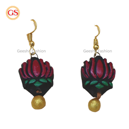 Red Lotus With Golden Beaded Terracotta Earrings