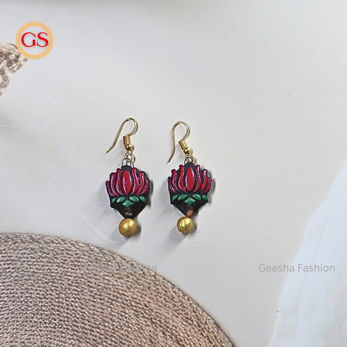 Red Lotus With Golden Beaded Terracotta Earrings