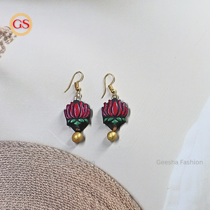 Red Lotus With Golden Beaded Terracotta Earrings
