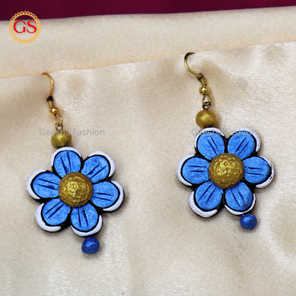 Blue SunFlower Design With Single Beaded Handmade Terracotta Earrings