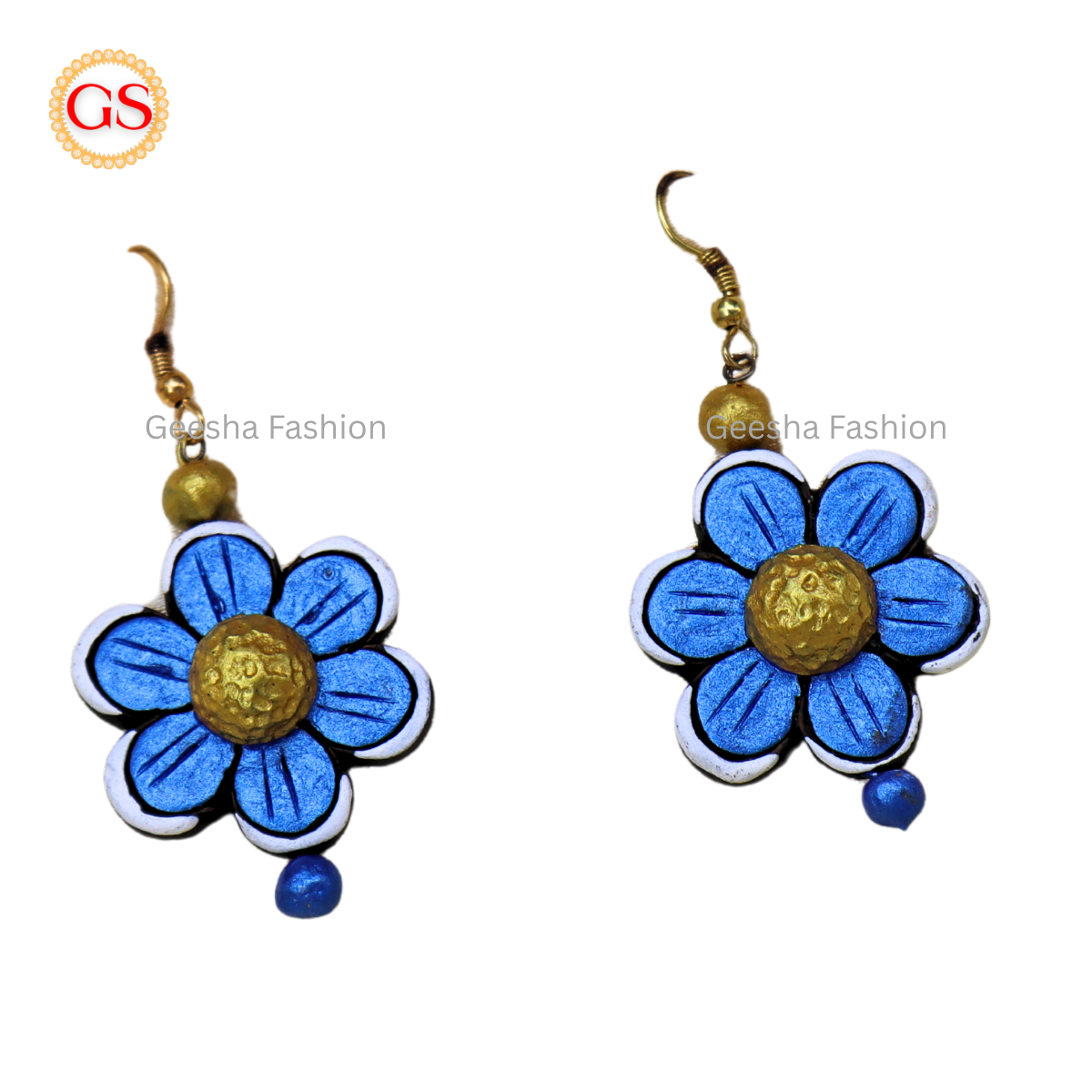 Blue SunFlower Design With Single Beaded Handmade Terracotta Earrings