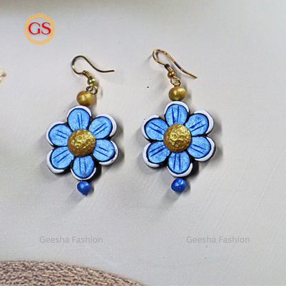 Blue SunFlower Design With Single Beaded Handmade Terracotta Earrings