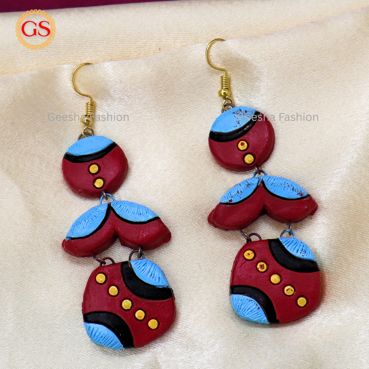Red Blue Colour Triple Layer Handmade Terracotta Earrings