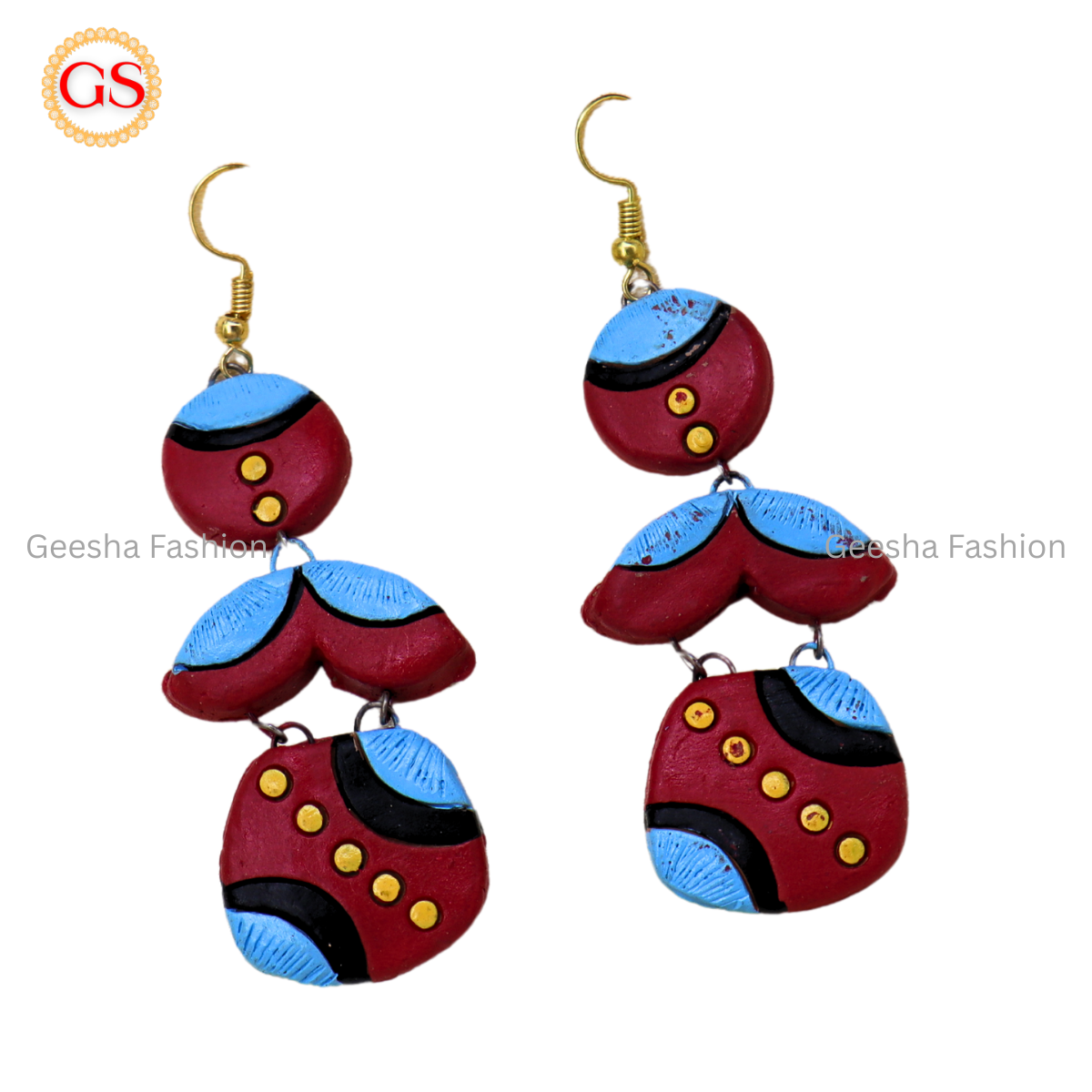 Red Blue Colour Triple Layer Handmade Terracotta Earrings