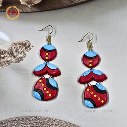 Red Blue Colour Triple Layer Handmade Terracotta Earrings