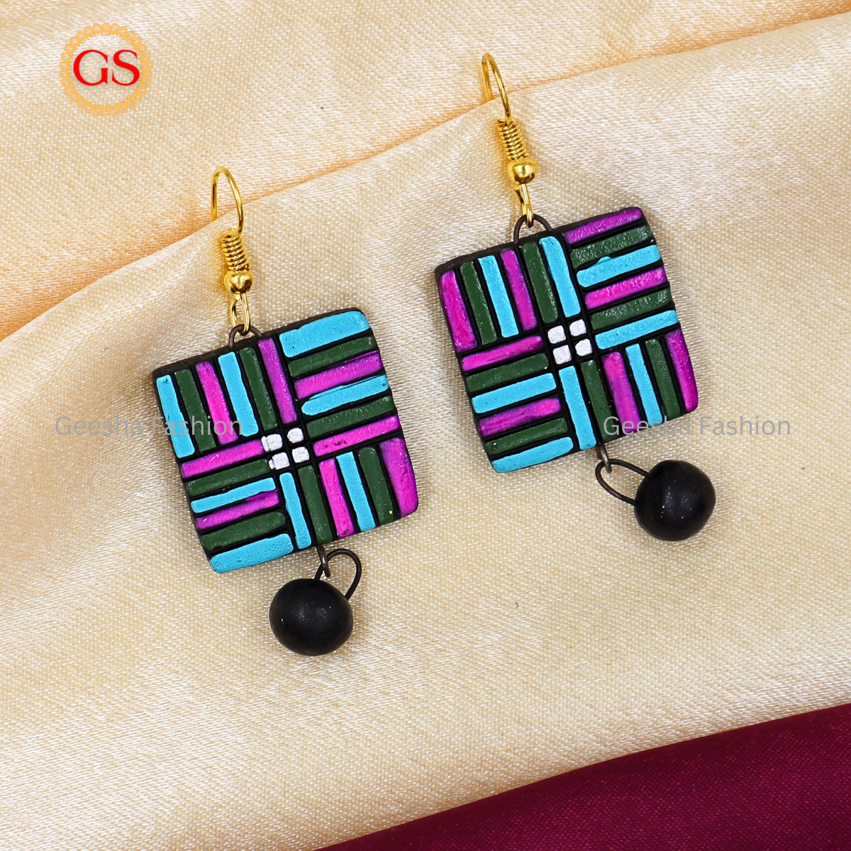 Multicolour Square Design With Black Beaded Terracotta Earrings