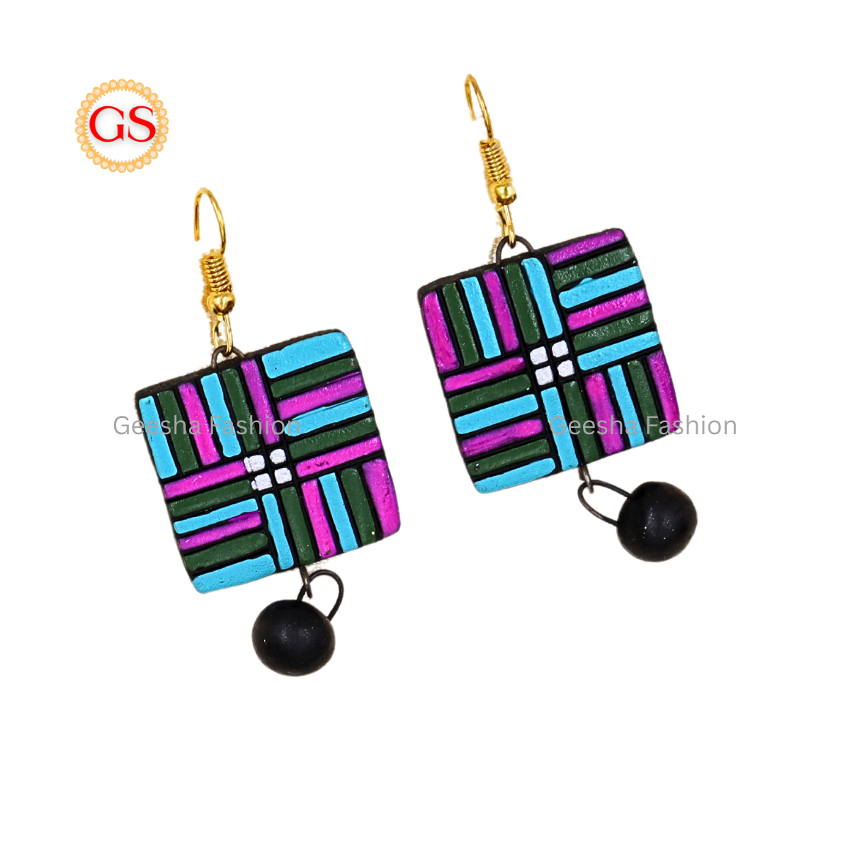 Multicolour Square Design With Black Beaded Terracotta Earrings