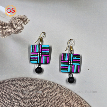 Multicolour Square Design With Black Beaded Terracotta Earrings