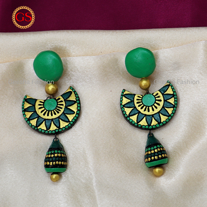 Green Colour Triple Layer Beaded Jumki Terracotta Earrings
