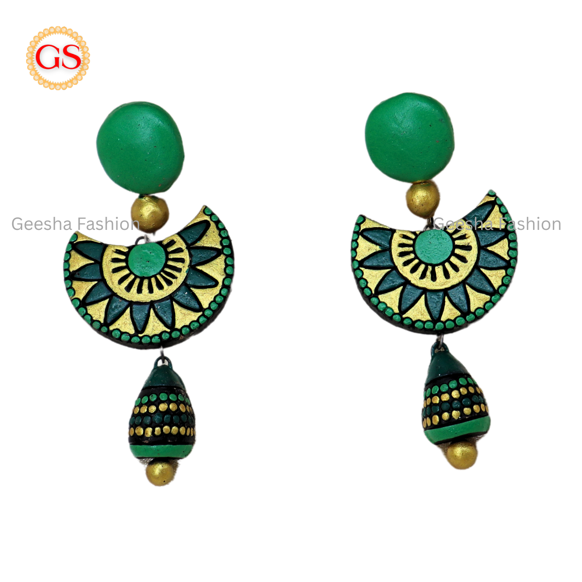 Green Colour Triple Layer Beaded Jumki Terracotta Earrings