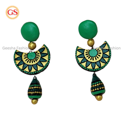 Green Colour Triple Layer Beaded Jumki Terracotta Earrings
