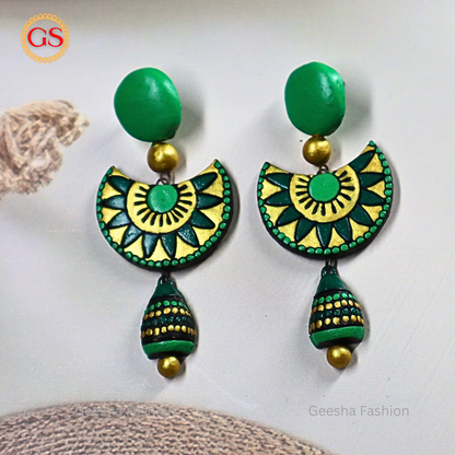 Green Colour Triple Layer Beaded Jumki Terracotta Earrings