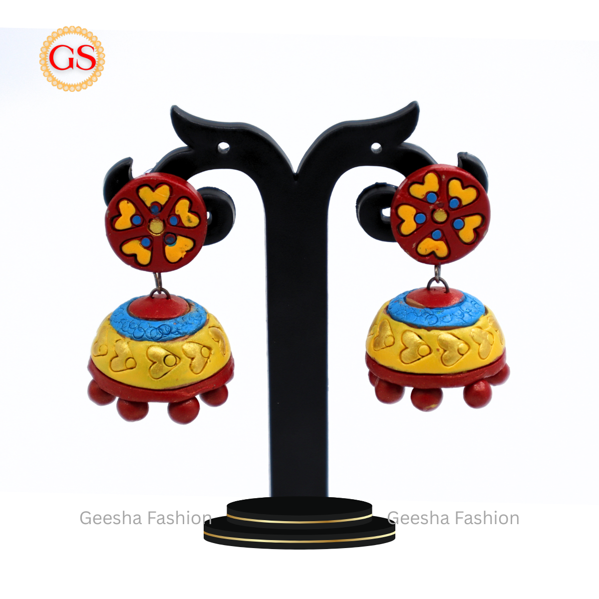 Red Yellow Colour Full Moon Stud And Jumki Handmade Terracotta Earrings