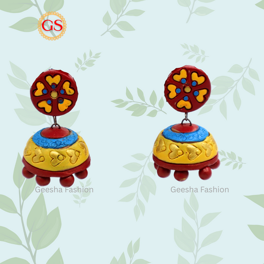 Red Yellow Colour Full Moon Stud And Jumki Handmade Terracotta Earrings