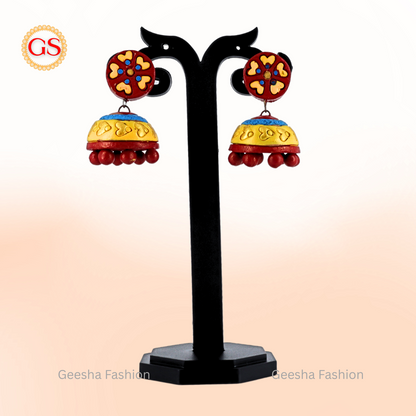Red Yellow Colour Full Moon Stud And Jumki Handmade Terracotta Earrings