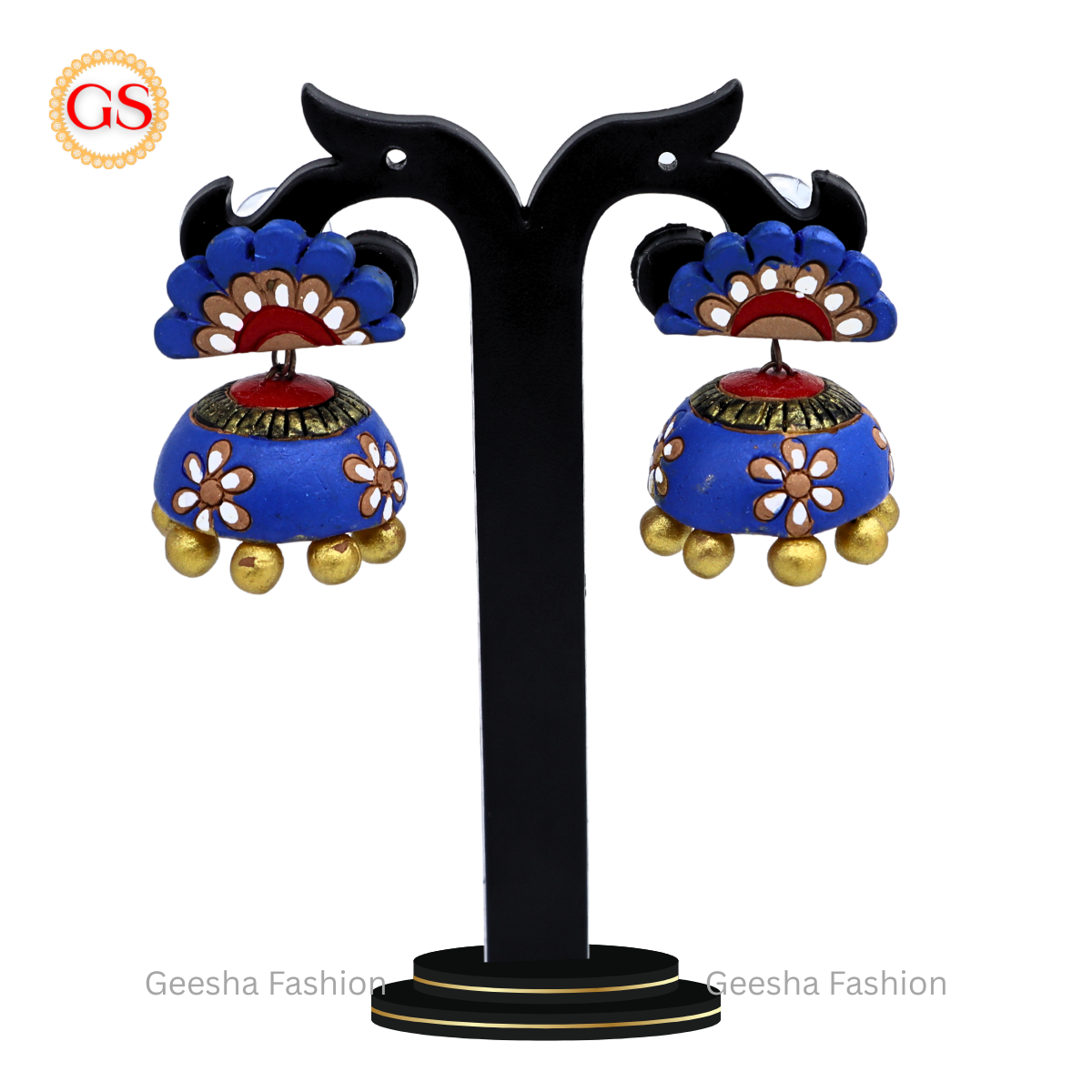 Blue Colour Flower Stud Jumki With Golden Beaded Terracotta Earrings