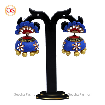 Blue Colour Flower Stud Jumki With Golden Beaded Terracotta Earrings