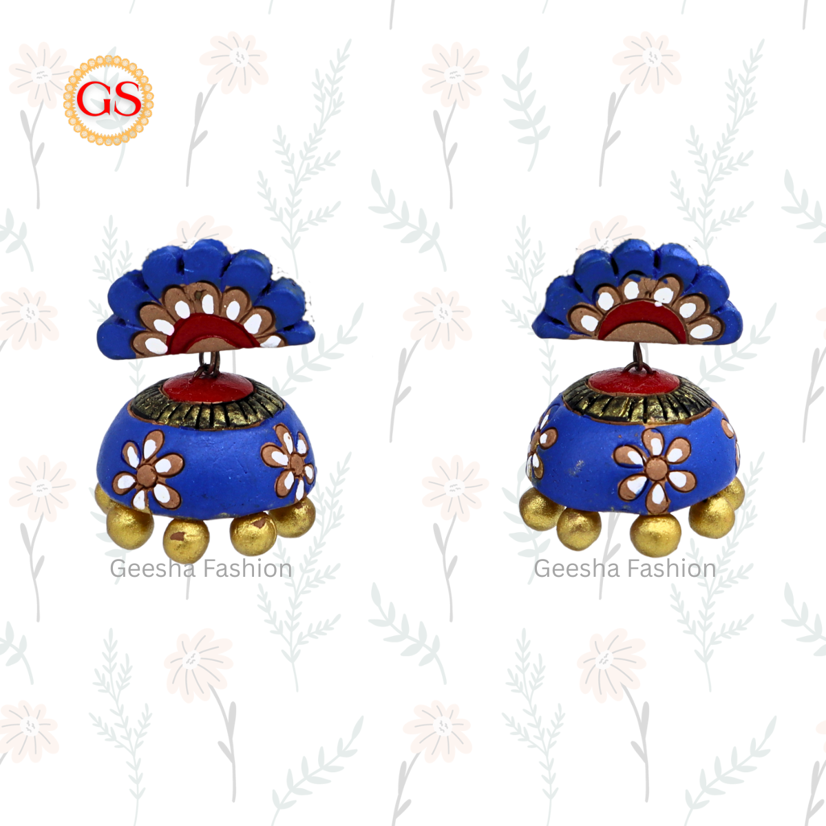 Blue Colour Flower Stud Jumki With Golden Beaded Terracotta Earrings
