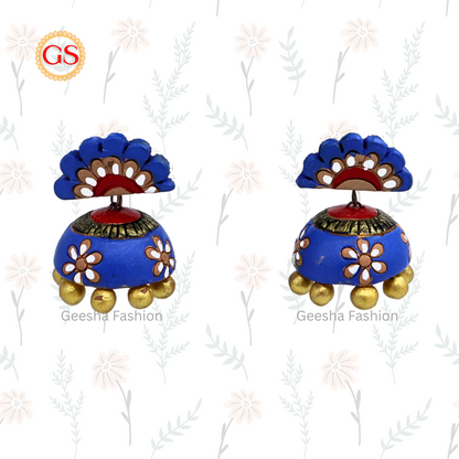 Blue Colour Flower Stud Jumki With Golden Beaded Terracotta Earrings