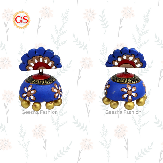 Blue Colour Flower Stud Jumki With Golden Beaded Terracotta Earrings